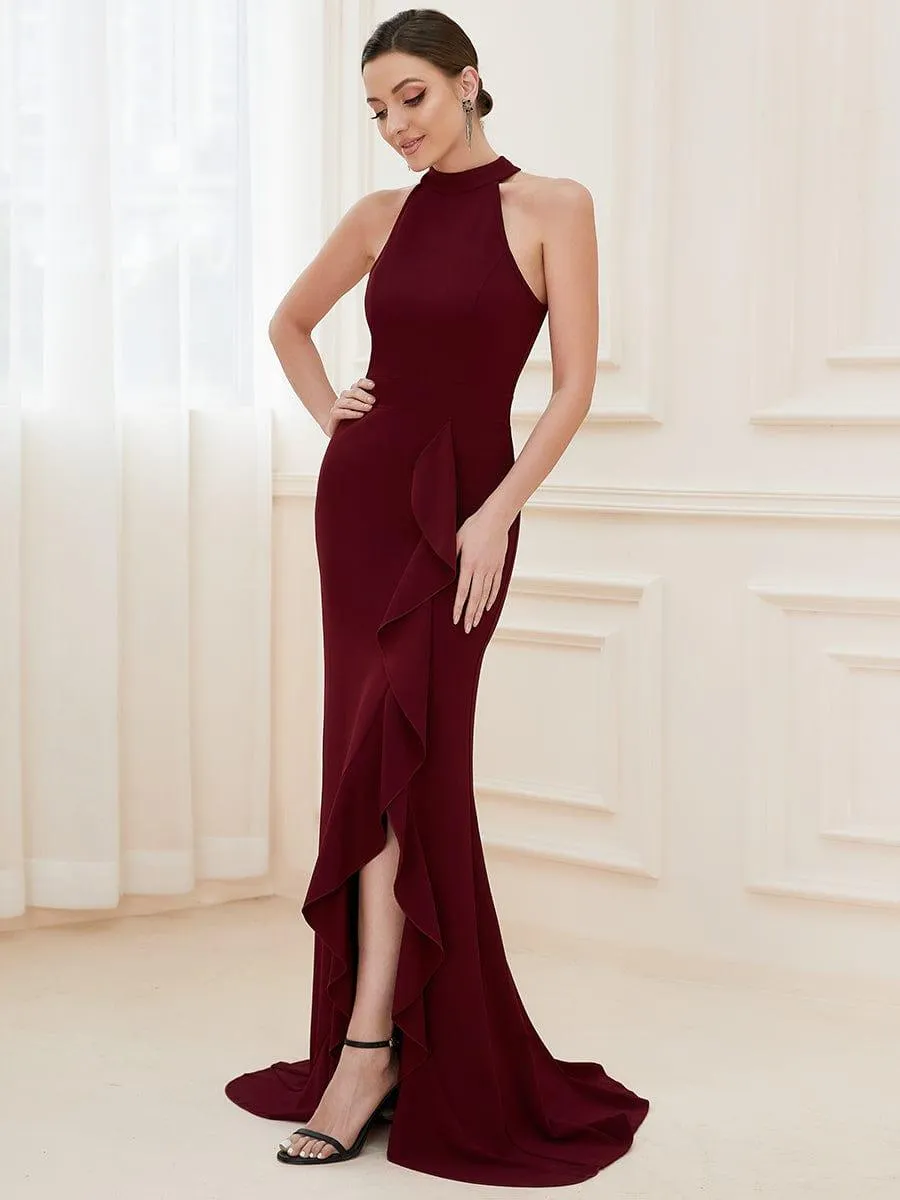 Robe à col licou ourlet à volants et fendue sur le devant(Vente finale)