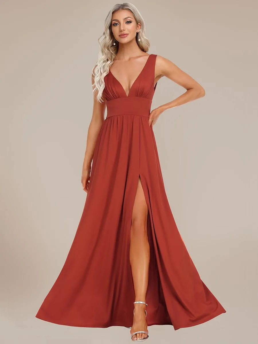 Robe de Bal Demoiselle d'Honneur longue au sol à taille empire et à encolure en V