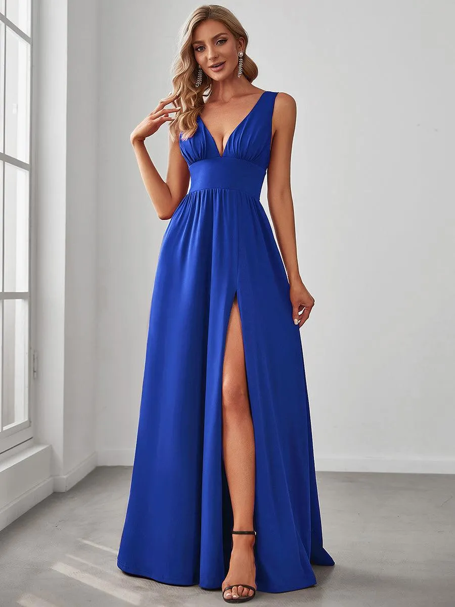 Robe de Bal Demoiselle d'Honneur longue au sol à taille empire et à encolure en V
