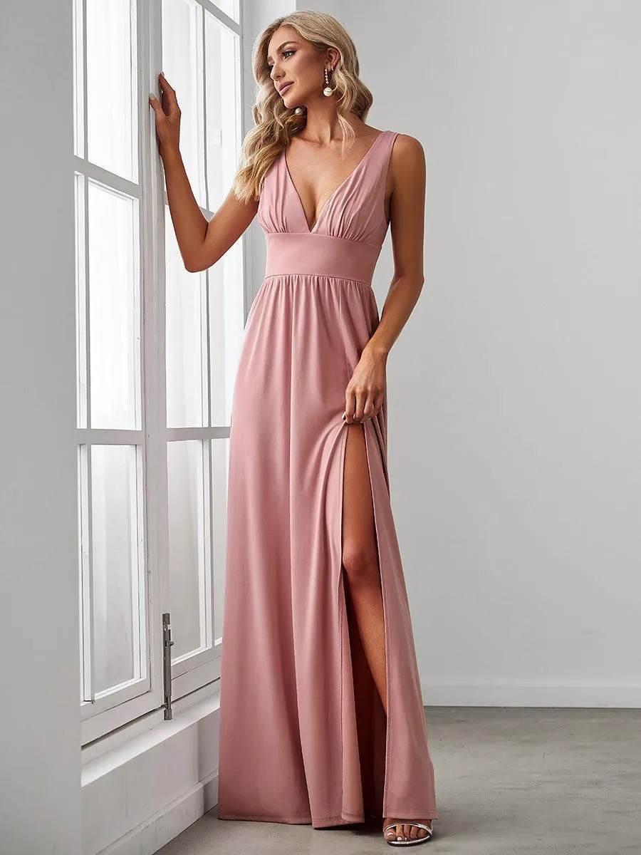 Robe de Bal Demoiselle d'Honneur longue au sol à taille empire et à encolure en V