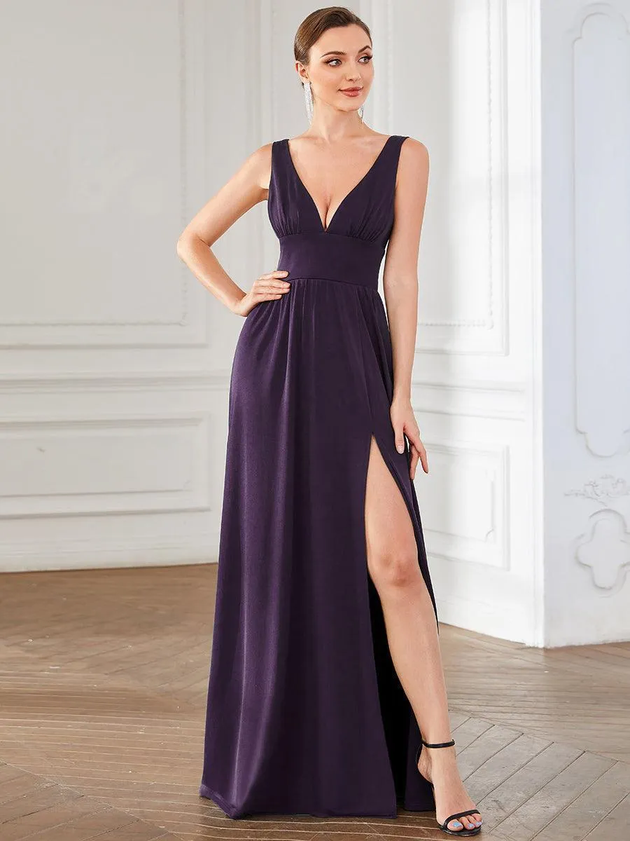 Robe de Bal Demoiselle d'Honneur longue au sol à taille empire et à encolure en V