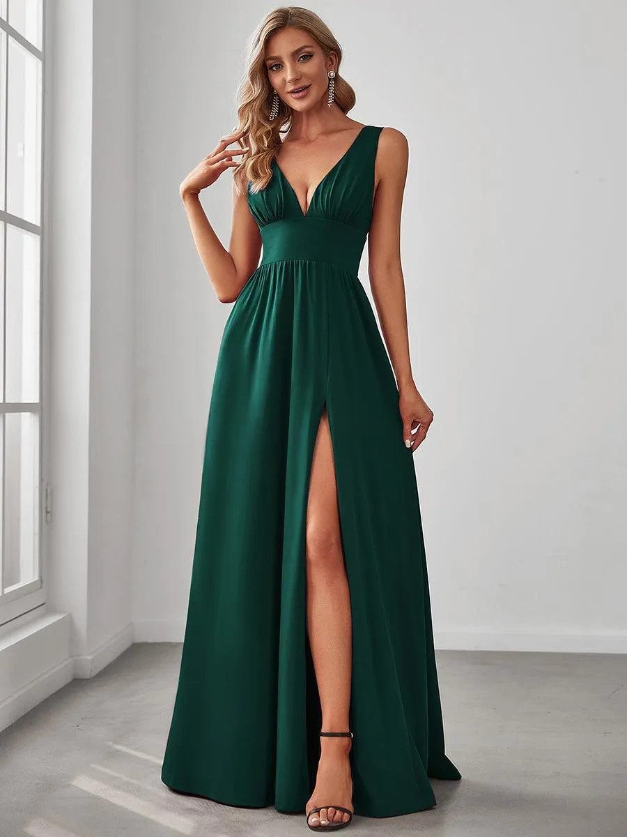 Robe de Bal Demoiselle d'Honneur longue au sol à taille empire et à encolure en V