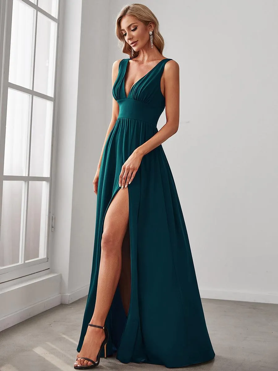 Robe de Bal Demoiselle d'Honneur longue au sol à taille empire et à encolure en V