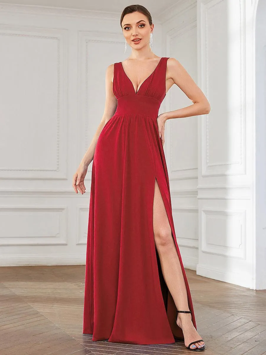 Robe de Bal Demoiselle d'Honneur longue au sol à taille empire et à encolure en V