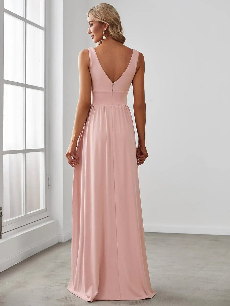 Robe de Bal Demoiselle d'Honneur longue au sol à taille empire et à encolure en V