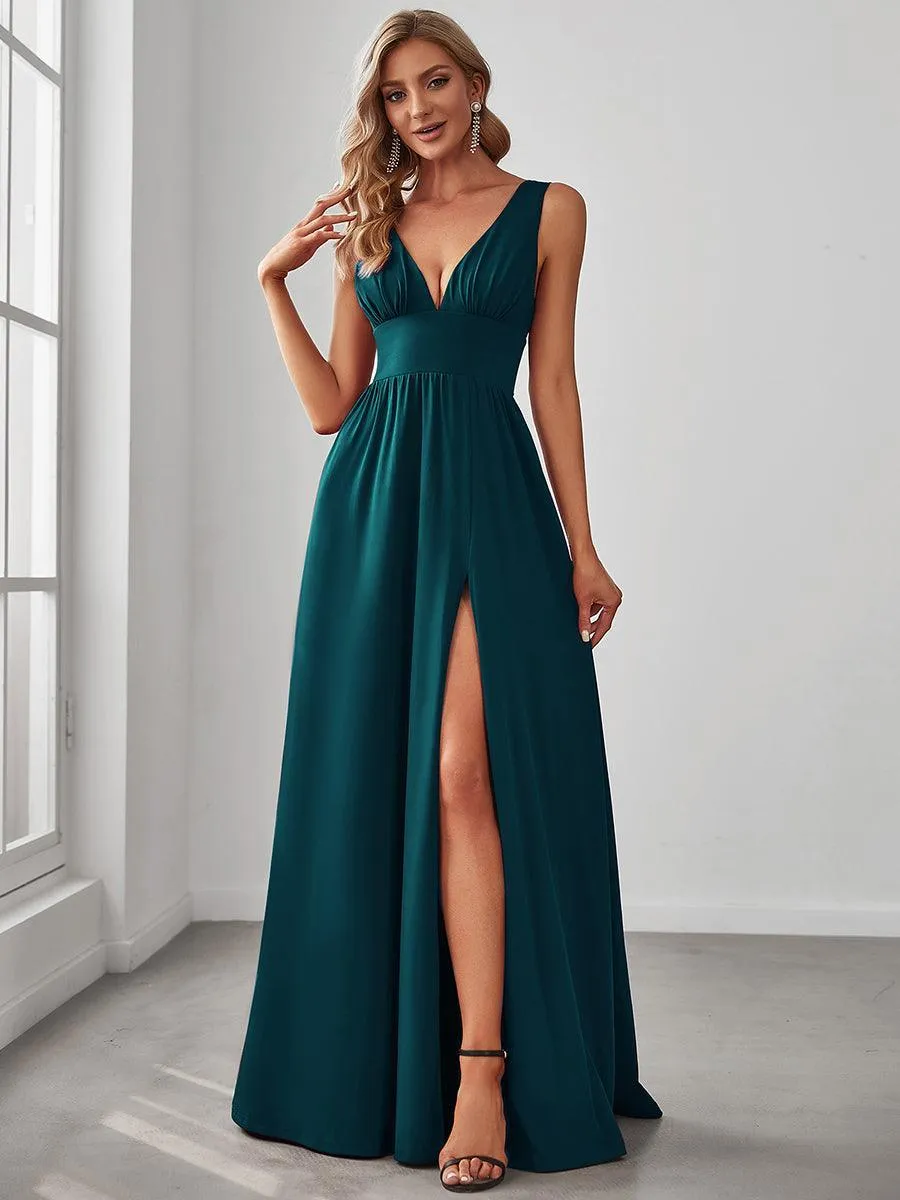 Robe de Bal Demoiselle d'Honneur longue au sol à taille empire et à encolure en V