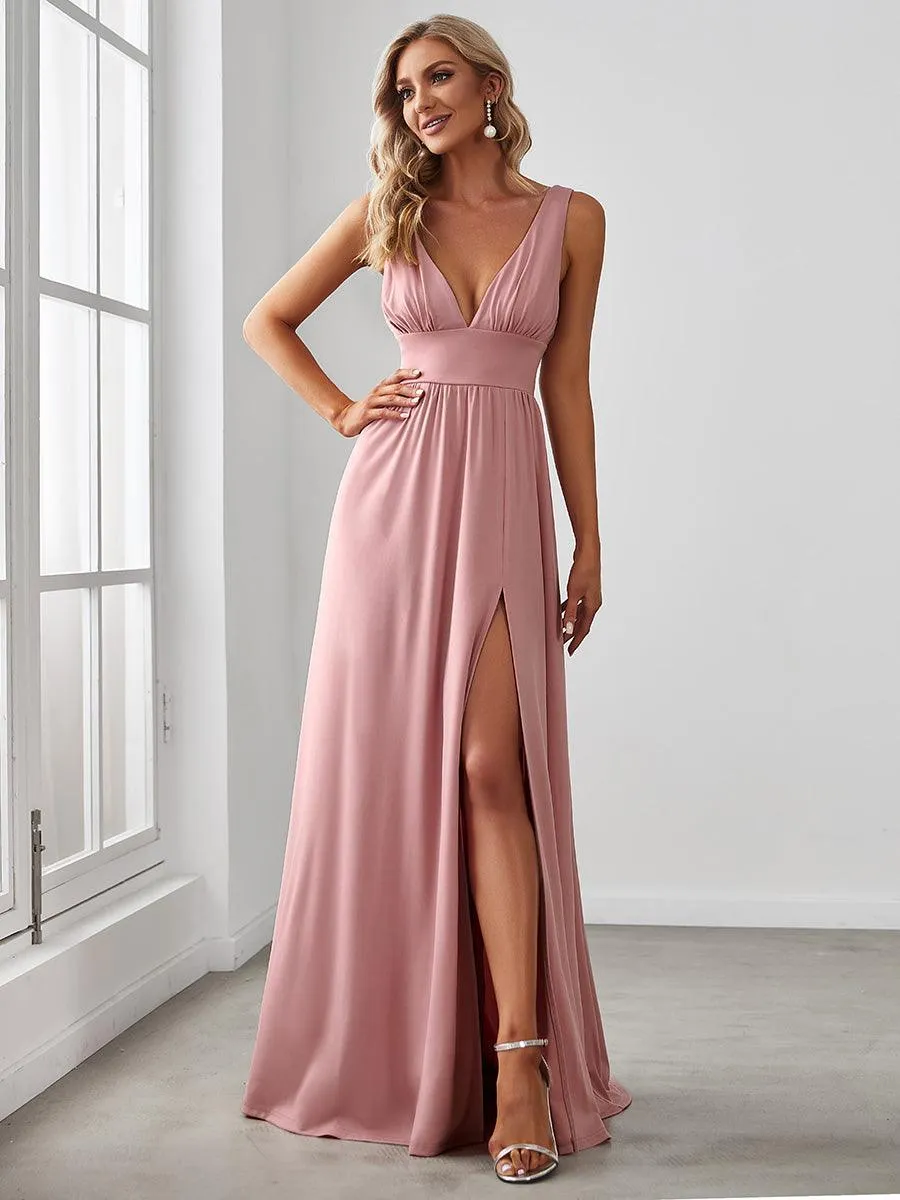 Robe de Bal Demoiselle d'Honneur longue au sol à taille empire et à encolure en V