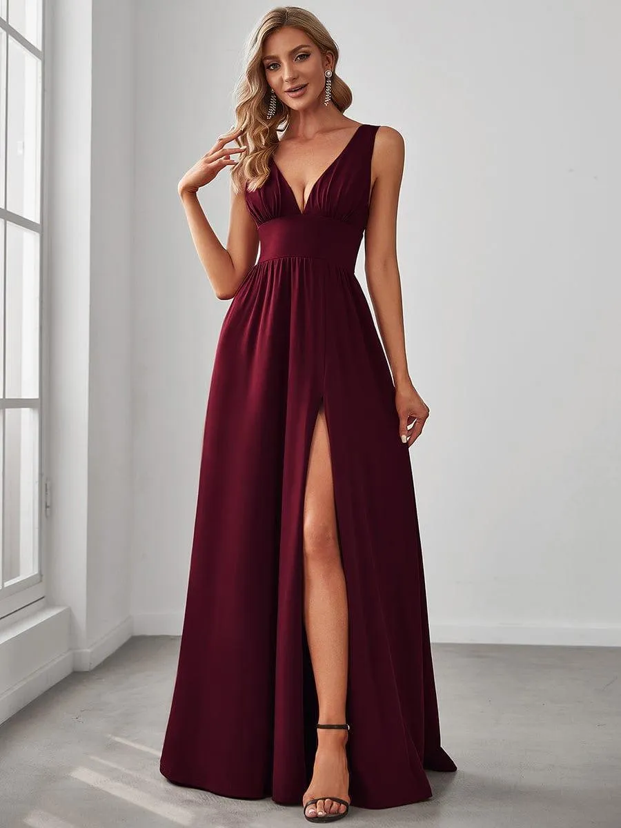 Robe de Bal Demoiselle d'Honneur longue au sol à taille empire et à encolure en V