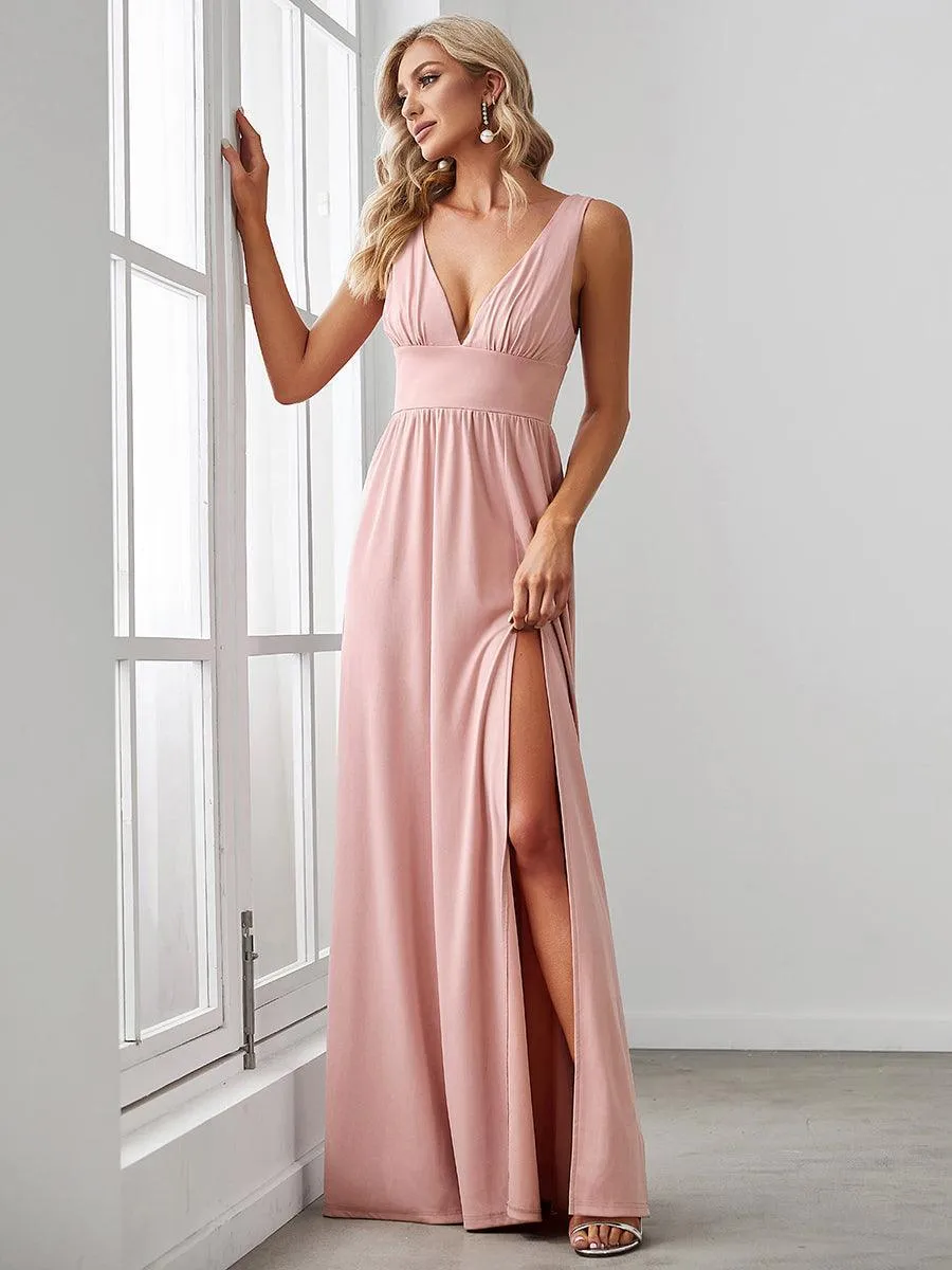 Robe de Bal Demoiselle d'Honneur longue au sol à taille empire et à encolure en V