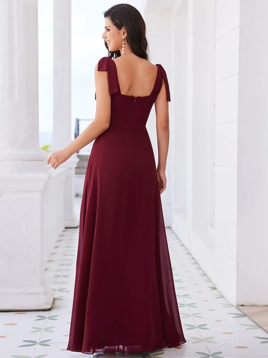Robe de demoiselle d'honneur en mousseline de soie avec nœud papillon et sans manches à encolure carrée