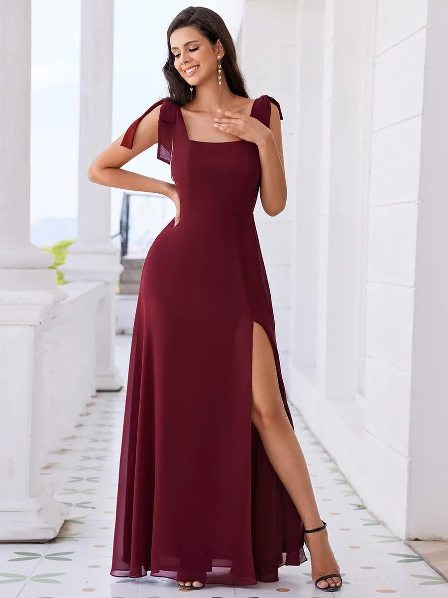 Robe de demoiselle d'honneur en mousseline de soie avec nœud papillon et sans manches à encolure carrée