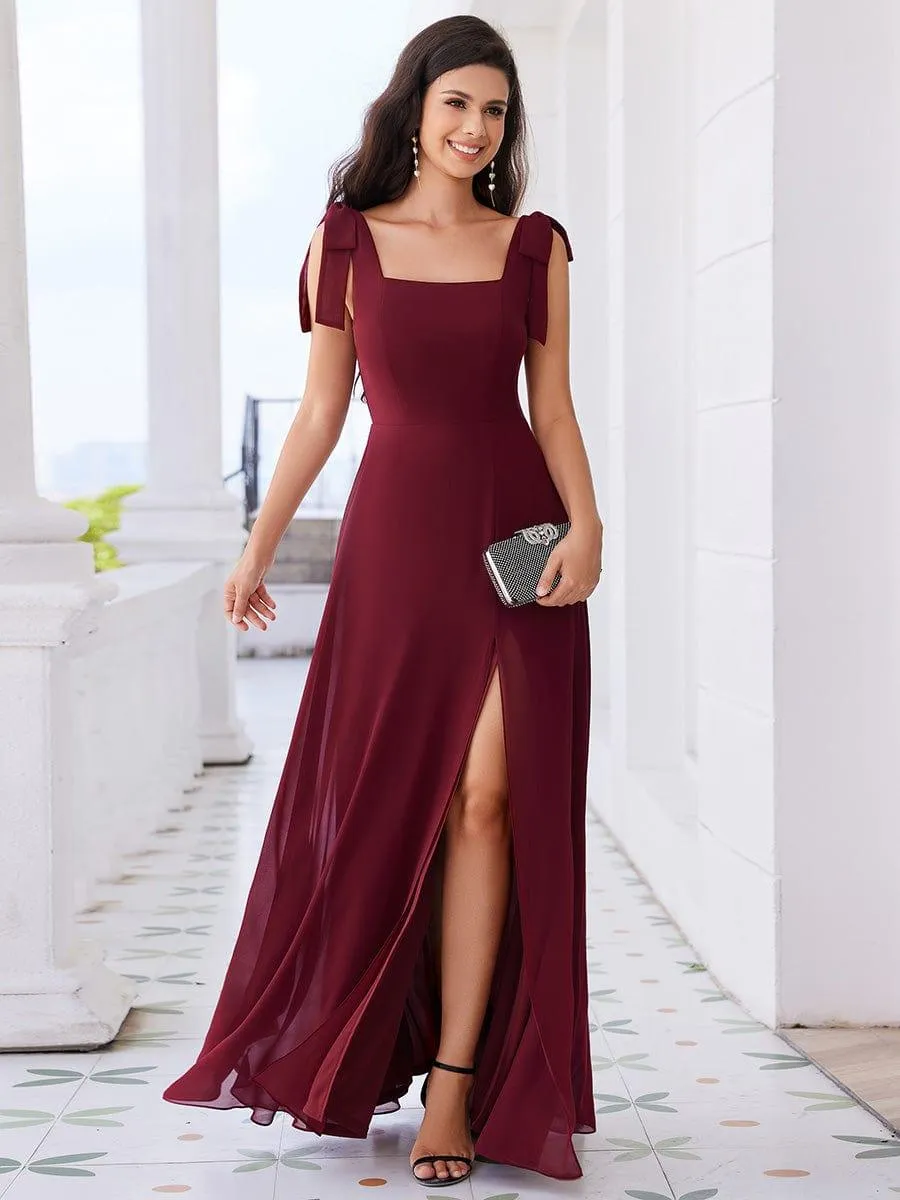 Robe de demoiselle d'honneur en mousseline de soie avec nœud papillon et sans manches à encolure carrée