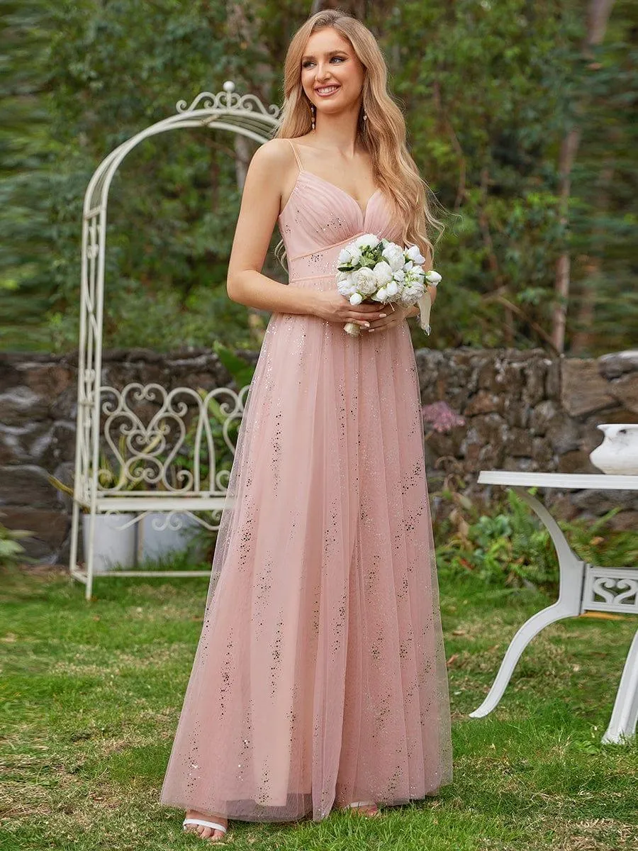 Robe de demoiselle d'honneur en tulle sans manches taille empire étincelante avec col en V