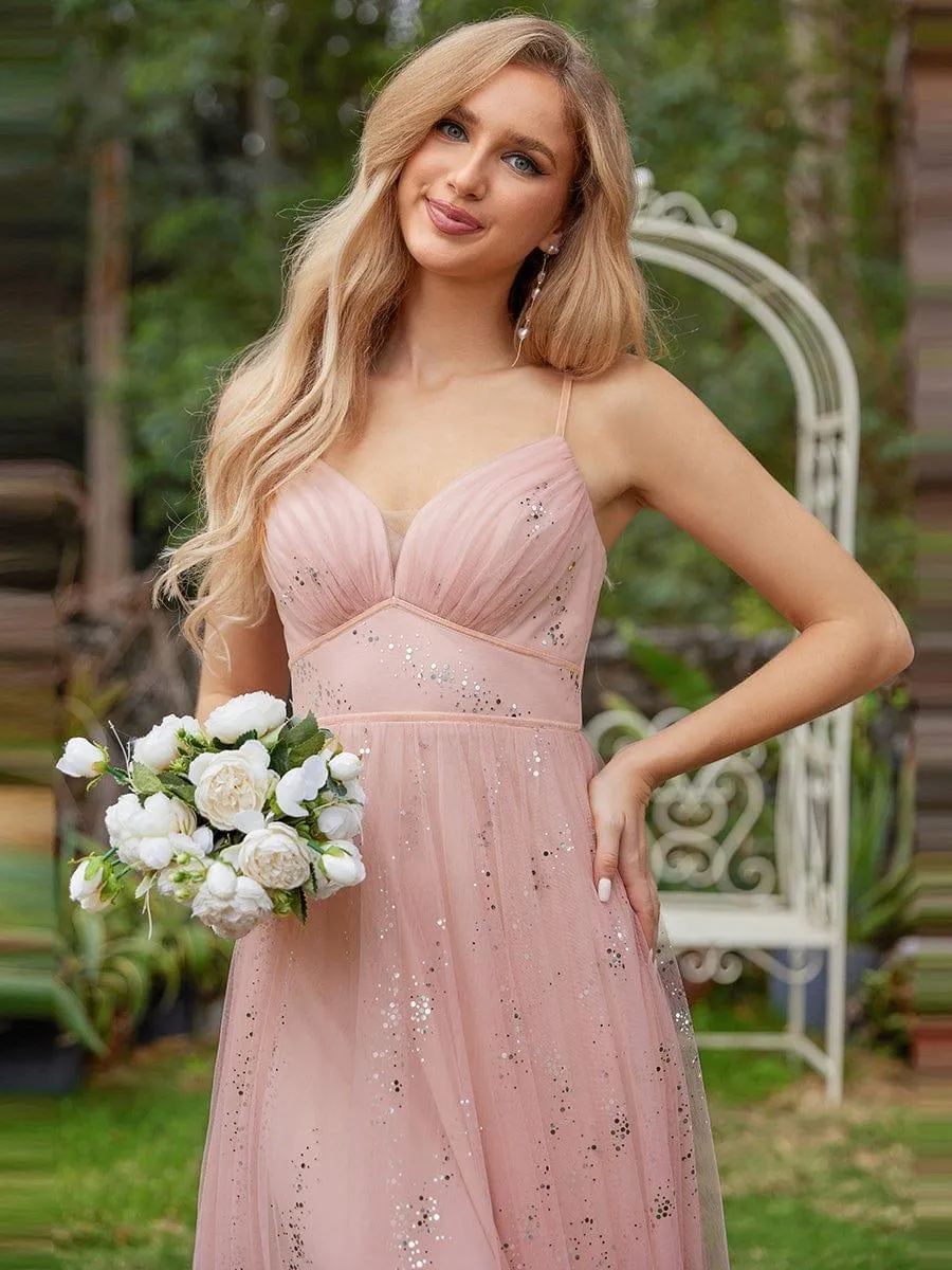 Robe de demoiselle d'honneur en tulle sans manches taille empire étincelante avec col en V