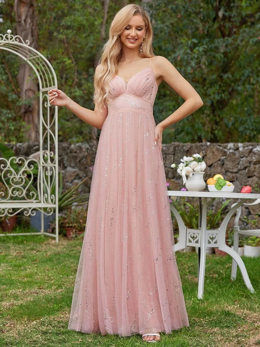 Robe de demoiselle d'honneur en tulle sans manches taille empire étincelante avec col en V
