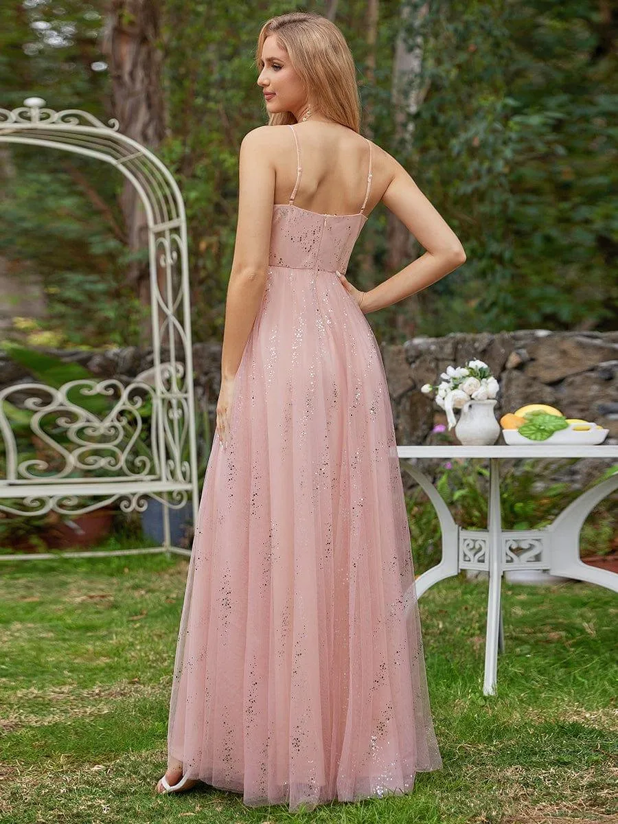Robe de demoiselle d'honneur en tulle sans manches taille empire étincelante avec col en V
