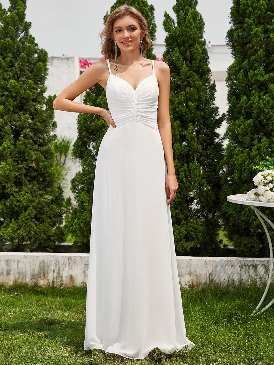 Robe de demoiselle d'honneur plissée chic à bretelles réglables et col en V