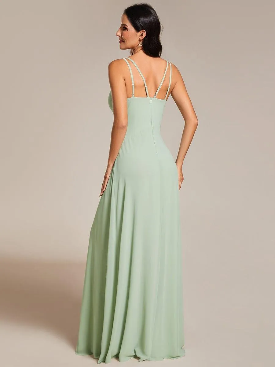 Robe de demoiselle d'honneur plissée chic à bretelles réglables et col en V