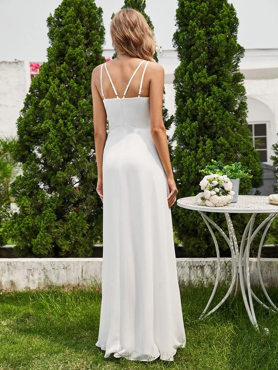 Robe de demoiselle d'honneur plissée chic à bretelles réglables et col en V