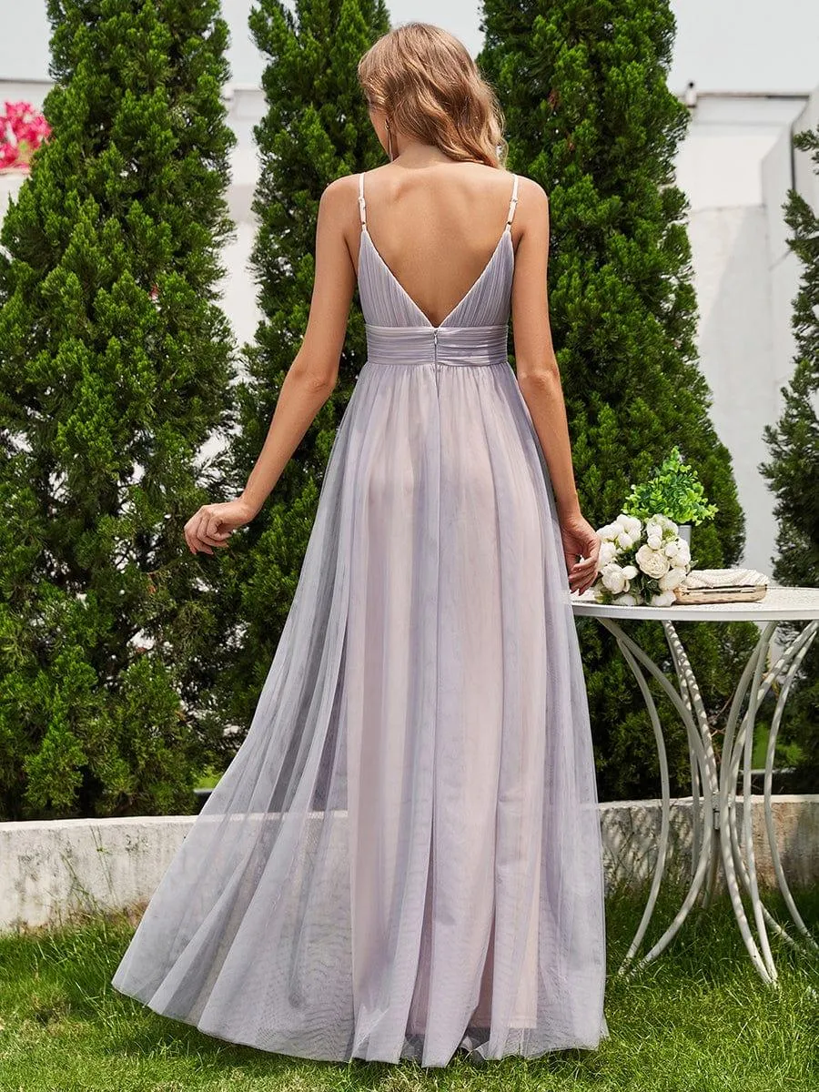Robe de demoiselle d'honneur plissée sans manches dos nu col en V transparent