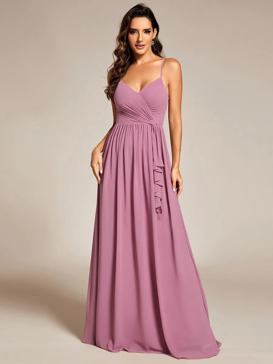 Robe de demoiselle d'honneur plissée sans manches en mousseline avec feuille de lotus