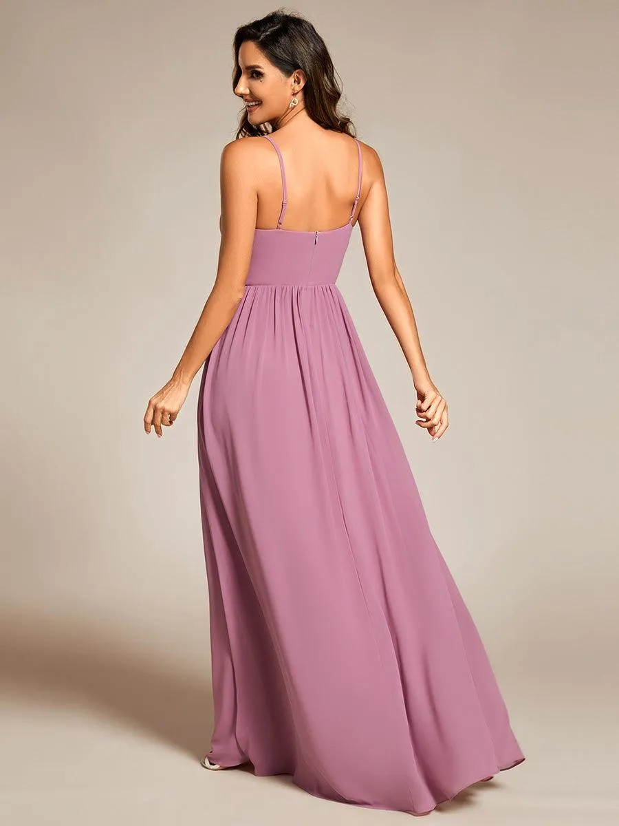 Robe de demoiselle d'honneur plissée sans manches en mousseline avec feuille de lotus