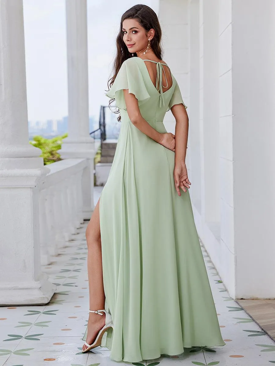 Robe de demoiselle d'honneur trapèze à fente haute col en U manches à volants avec lien au dos