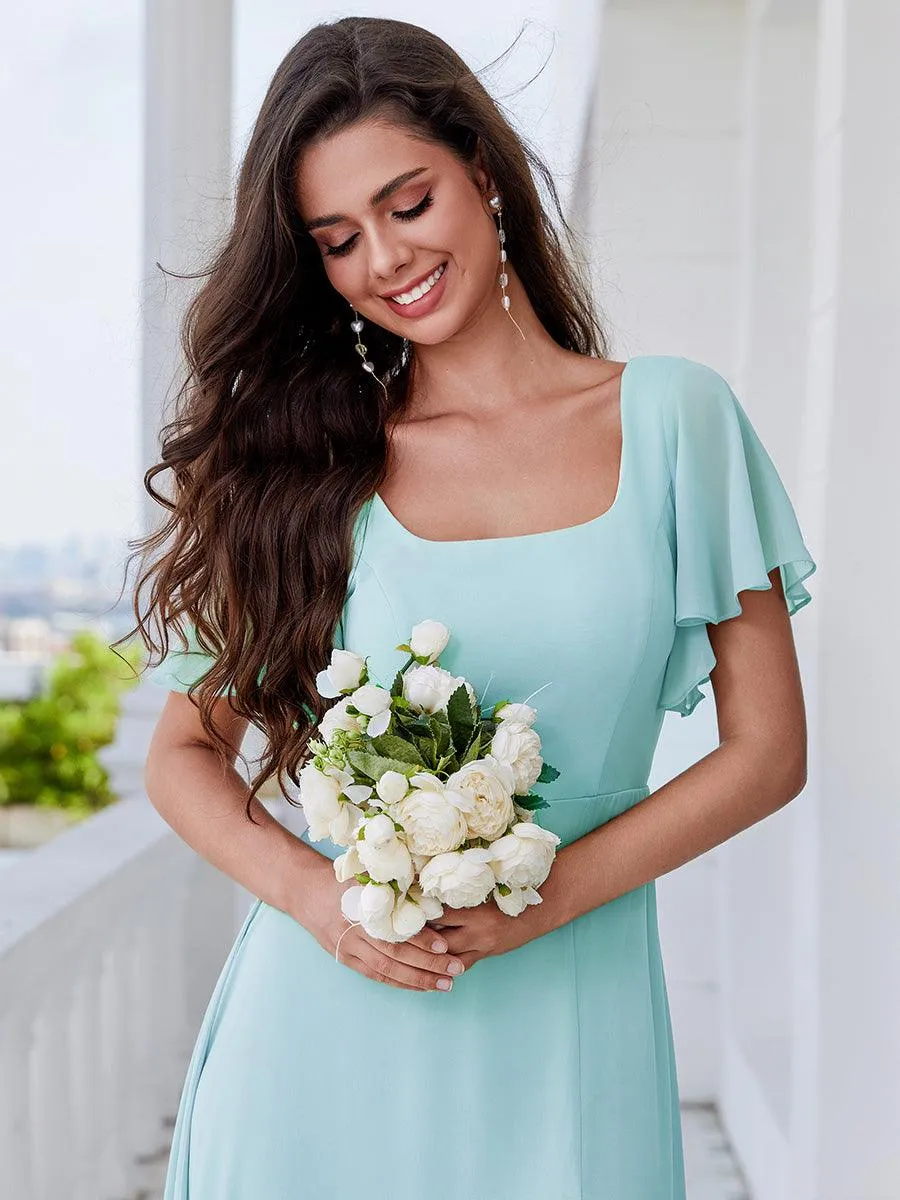 Robe de demoiselle d'honneur trapèze à fente haute col en U manches à volants avec lien au dos