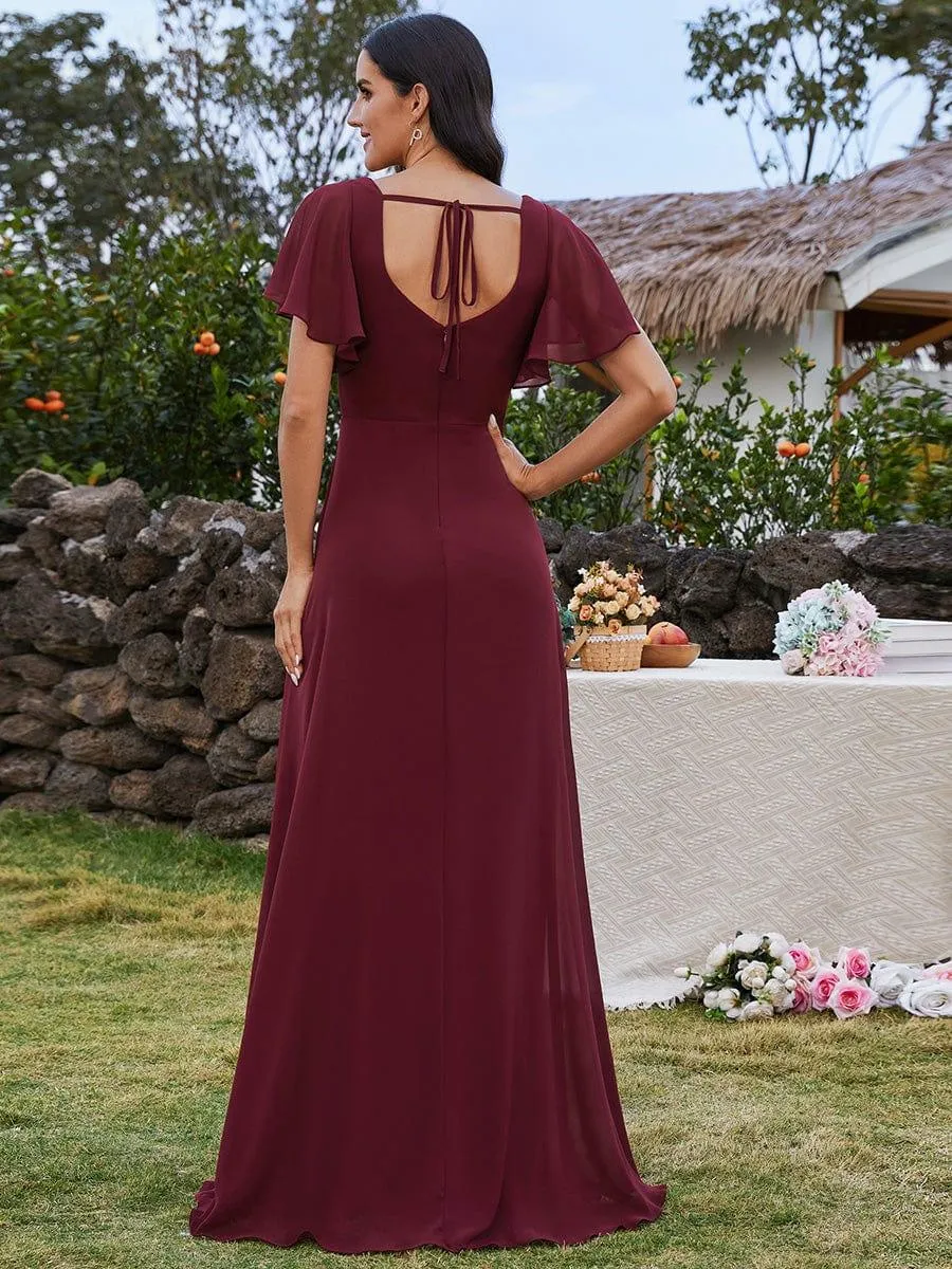 Robe de demoiselle d'honneur trapèze à fente haute col en U manches à volants avec lien au dos