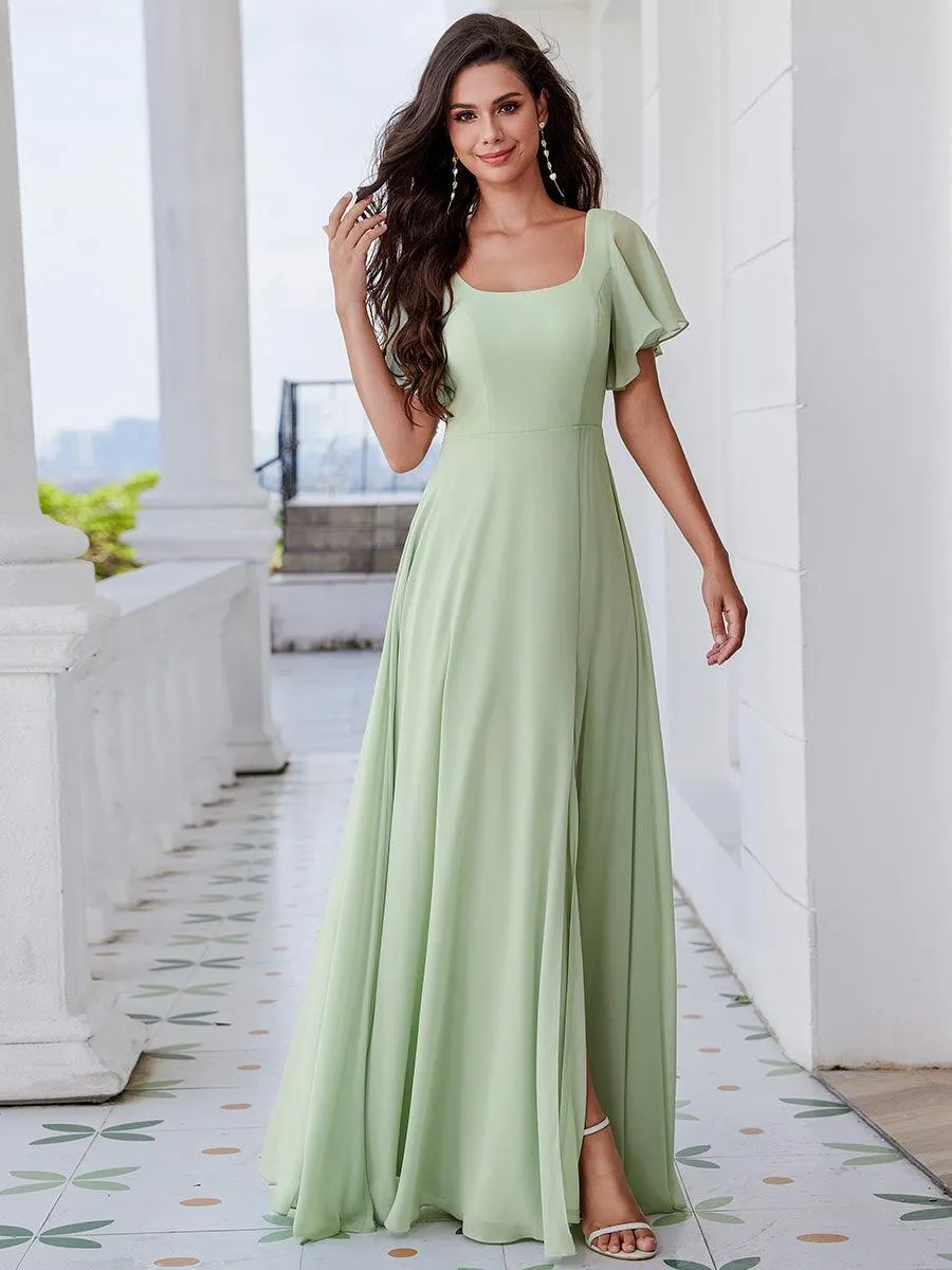 Robe de demoiselle d'honneur trapèze à fente haute col en U manches à volants avec lien au dos