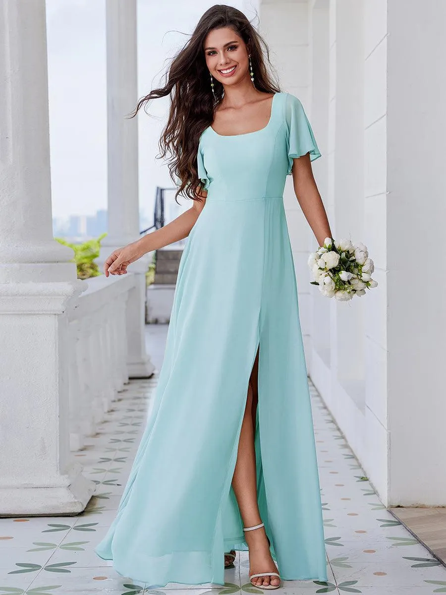 Robe de demoiselle d'honneur trapèze à fente haute col en U manches à volants avec lien au dos
