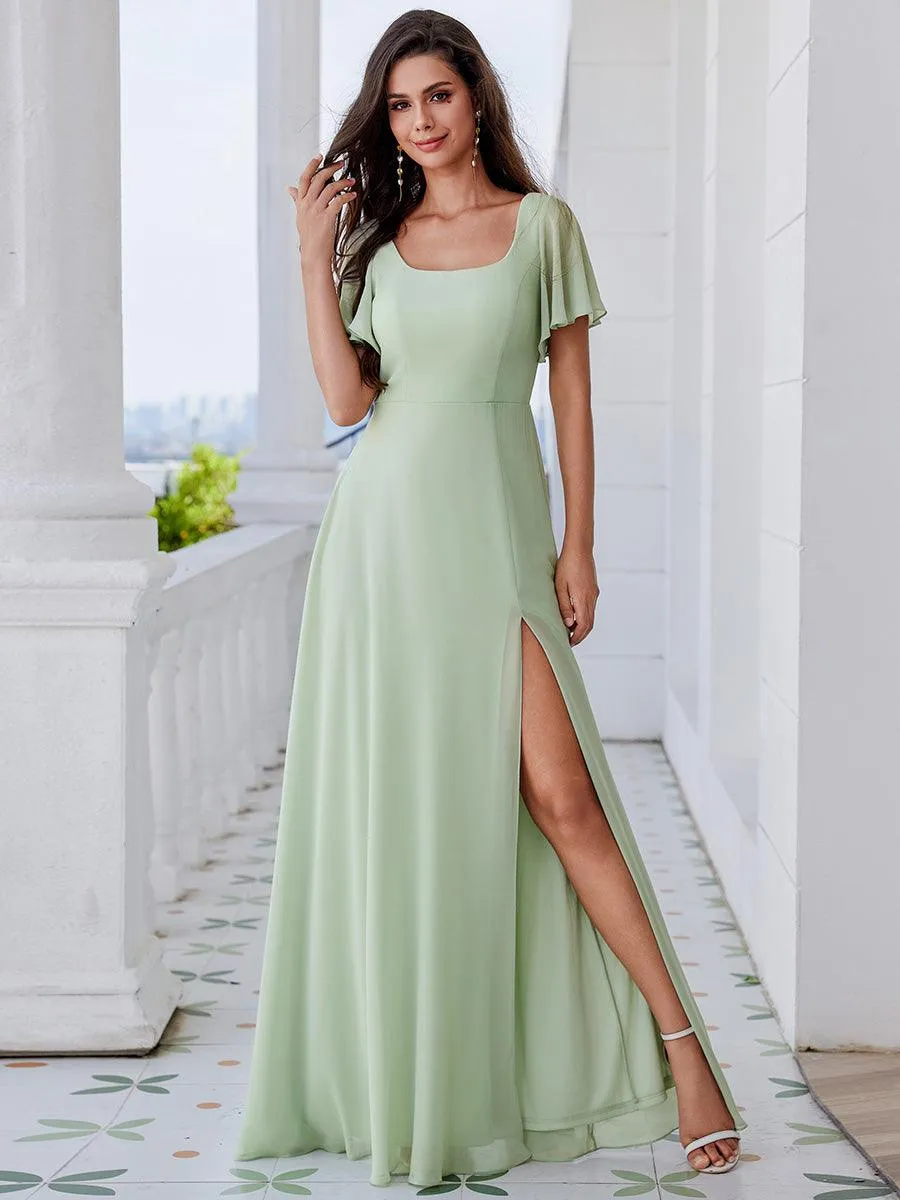 Robe de demoiselle d'honneur trapèze à fente haute col en U manches à volants avec lien au dos