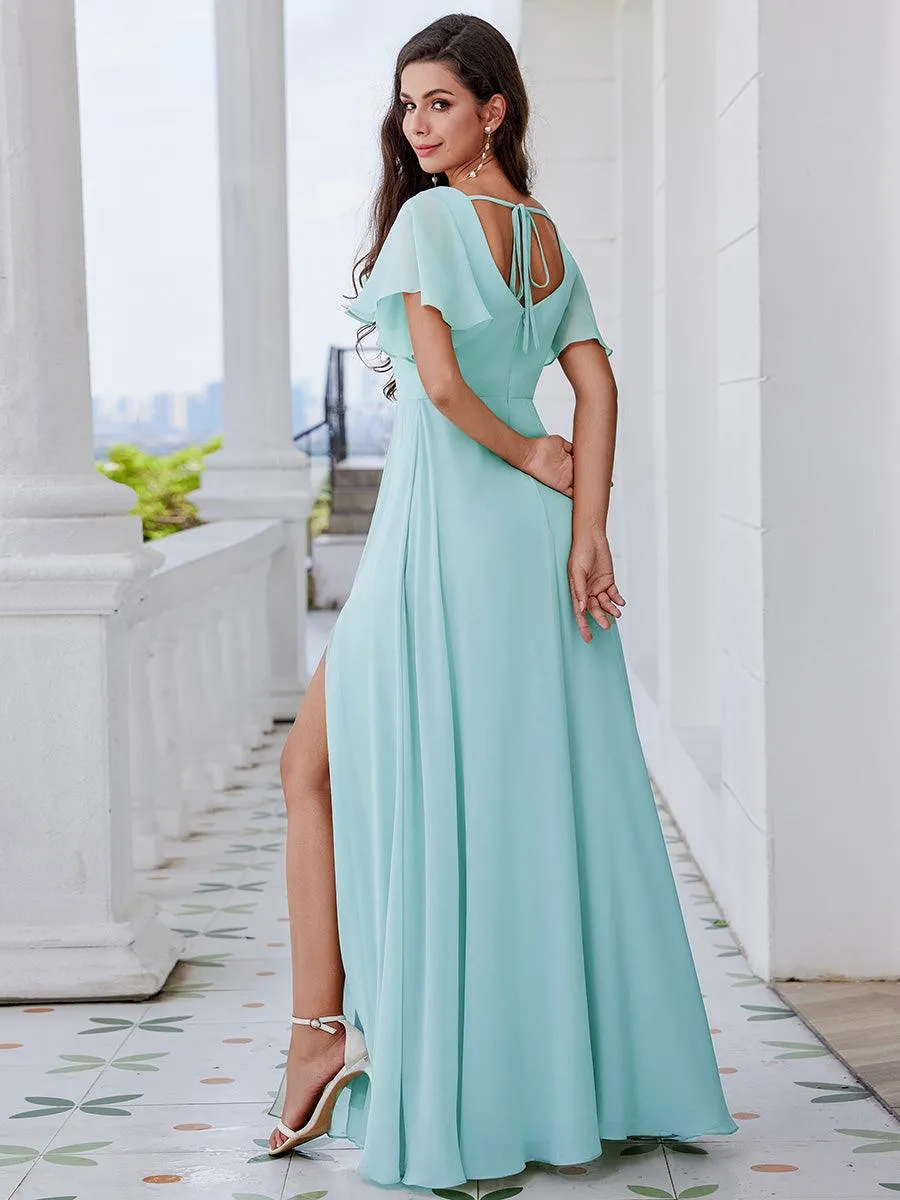 Robe de demoiselle d'honneur trapèze à fente haute col en U manches à volants avec lien au dos