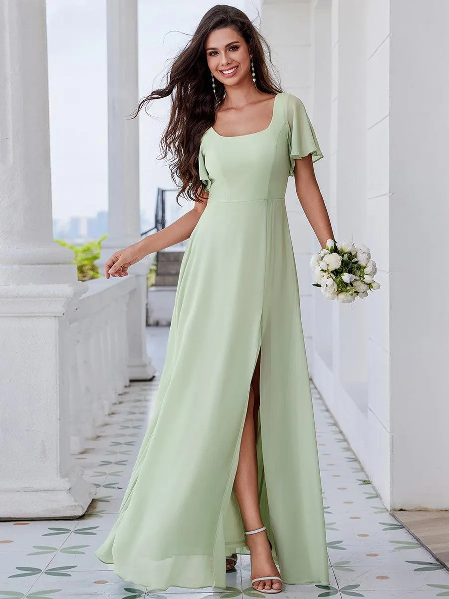 Robe de demoiselle d'honneur trapèze à fente haute col en U manches à volants avec lien au dos