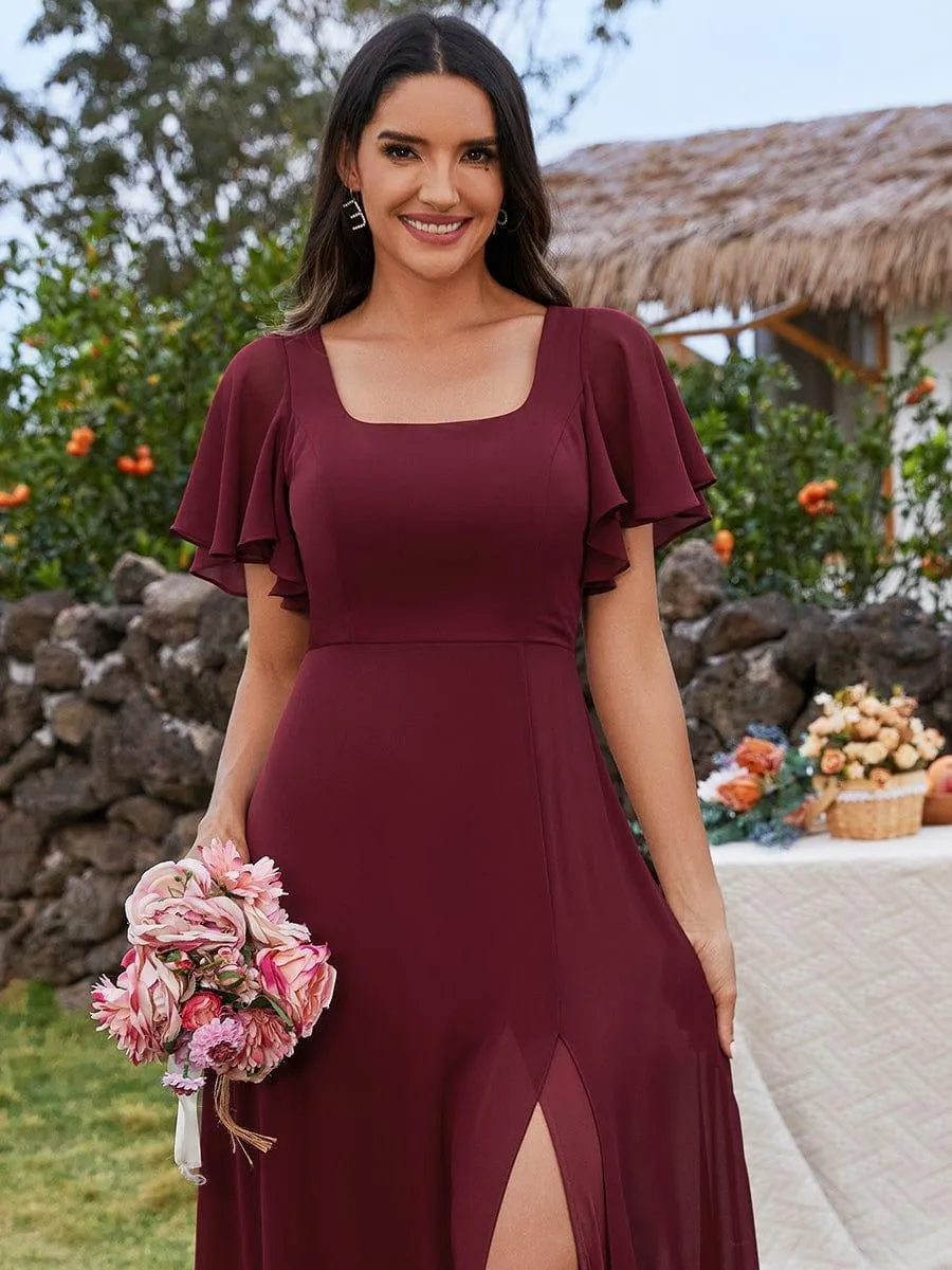 Robe de demoiselle d'honneur trapèze à fente haute col en U manches à volants avec lien au dos