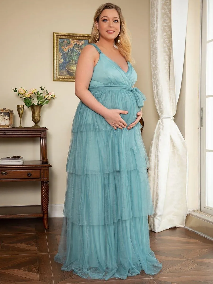 Robe de Grossesse Longue en Tulle Superposé à Côtes Mi-Longues Sans Manches en V Profond de Grande Taille(Vente finale)
