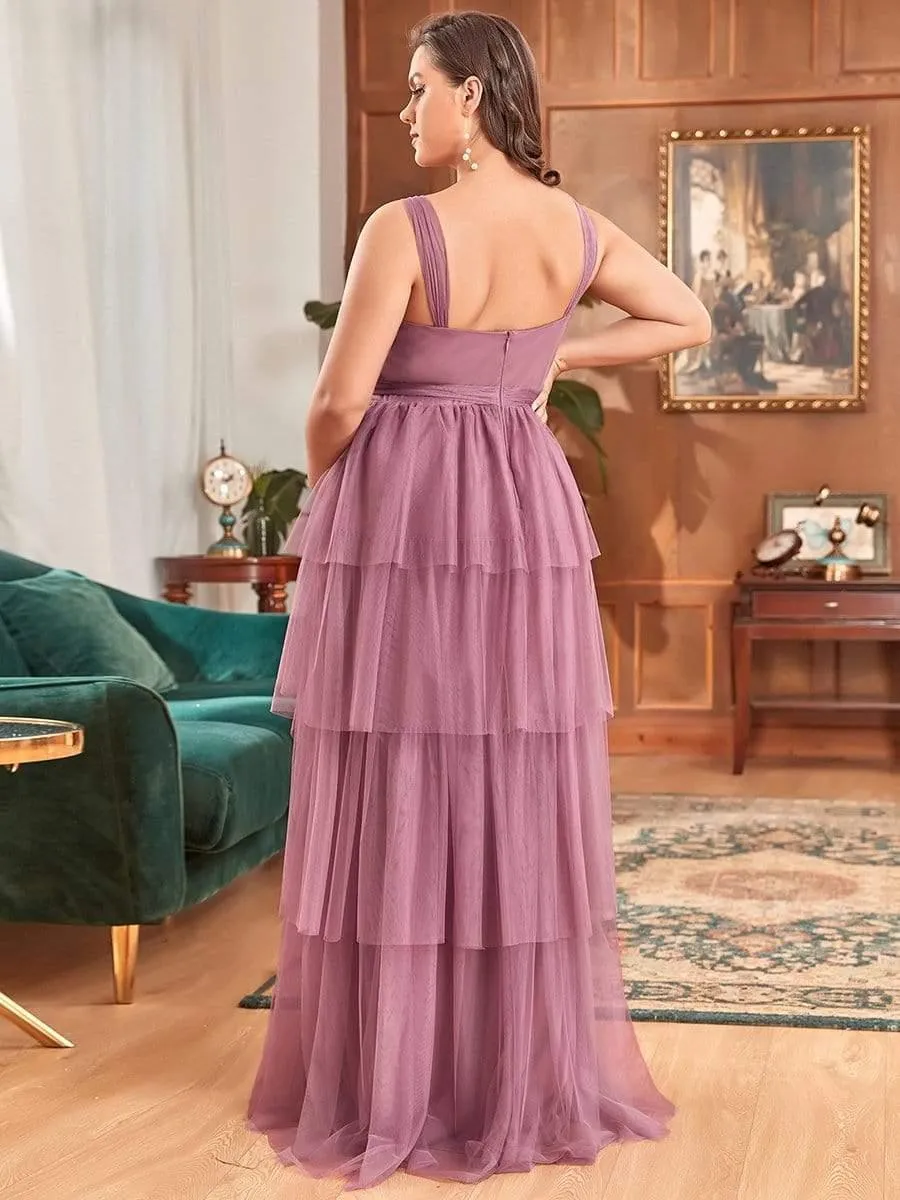 Robe de Grossesse Longue en Tulle Superposé à Côtes Mi-Longues Sans Manches en V Profond de Grande Taille(Vente finale)