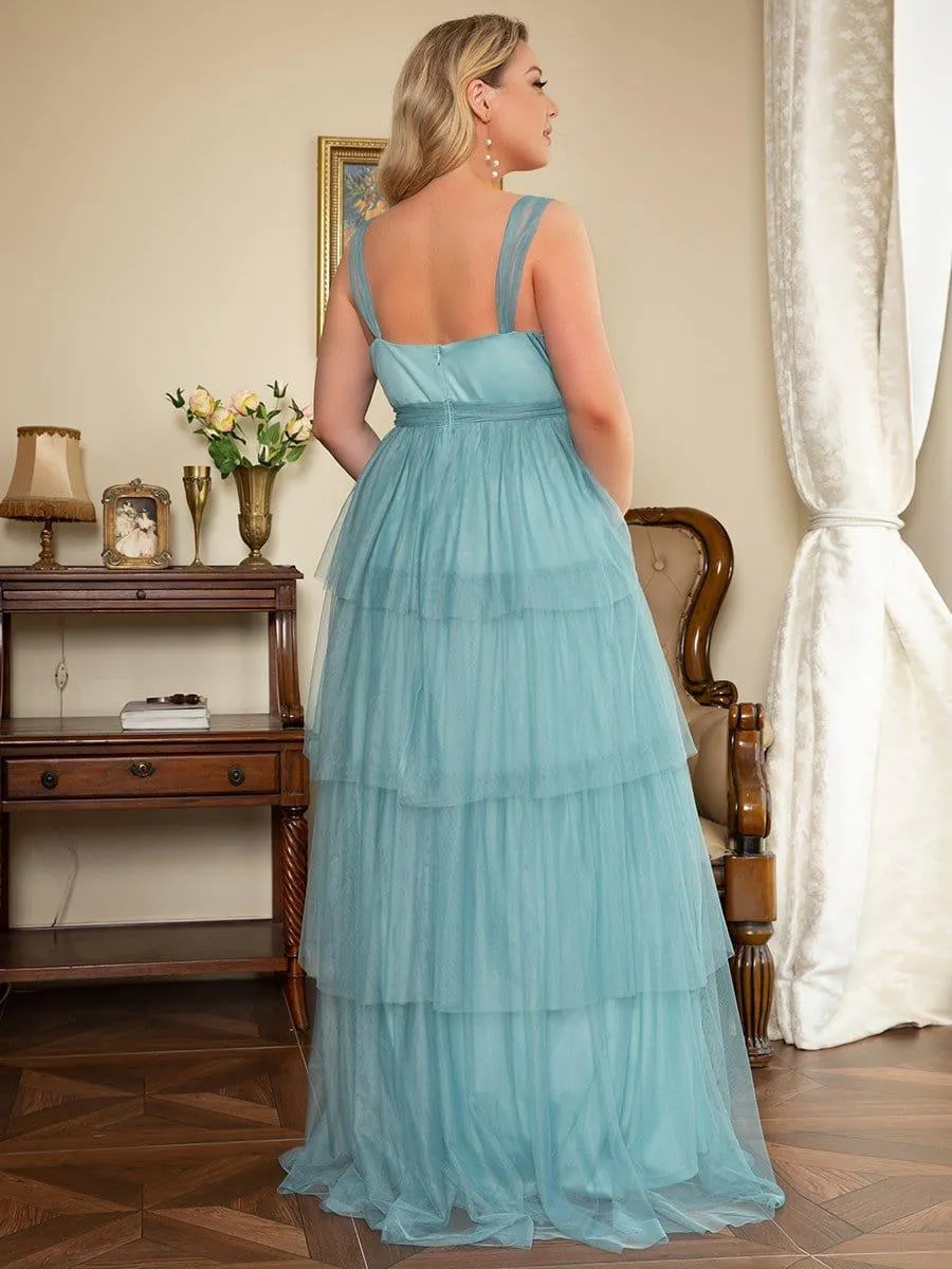 Robe de Grossesse Longue en Tulle Superposé à Côtes Mi-Longues Sans Manches en V Profond de Grande Taille(Vente finale)