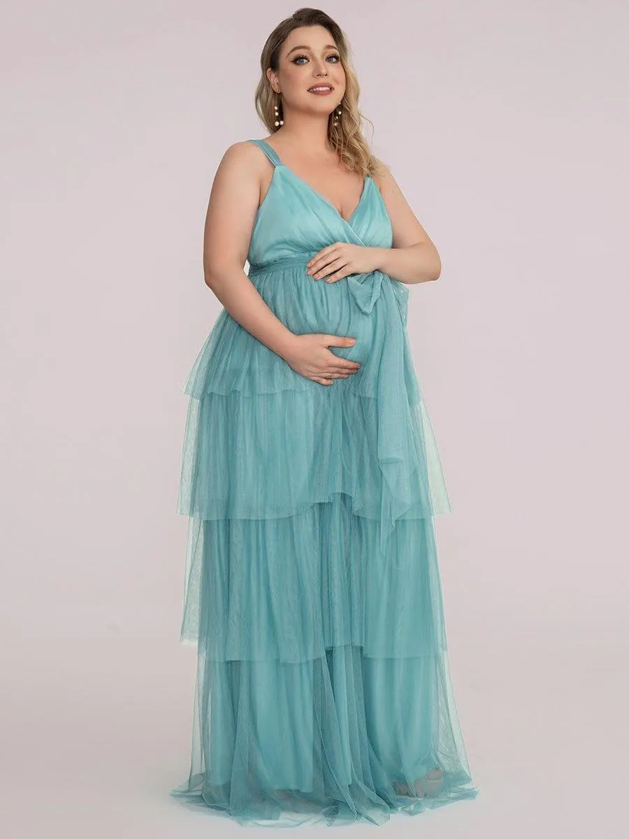 Robe de Grossesse Longue en Tulle Superposé à Côtes Mi-Longues Sans Manches en V Profond de Grande Taille(Vente finale)