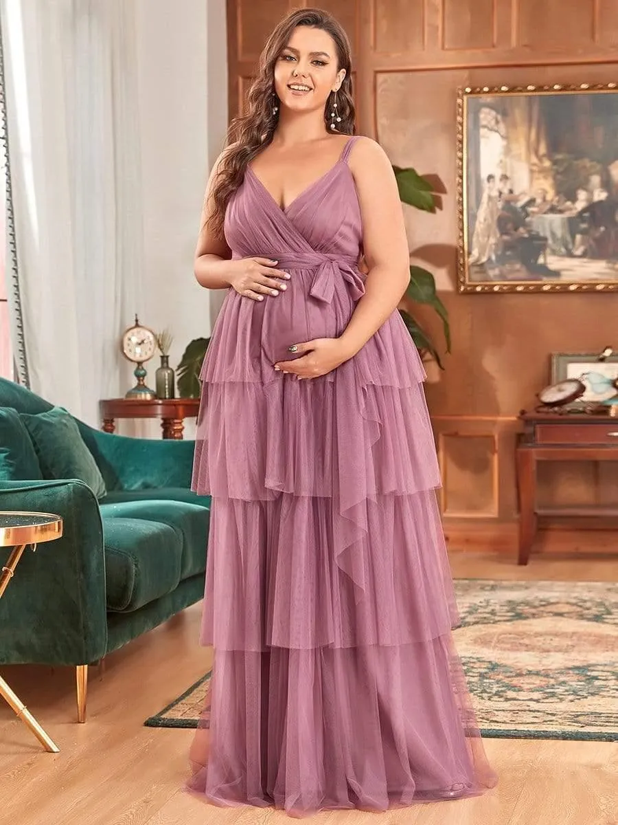 Robe de Grossesse Longue en Tulle Superposé à Côtes Mi-Longues Sans Manches en V Profond de Grande Taille(Vente finale)