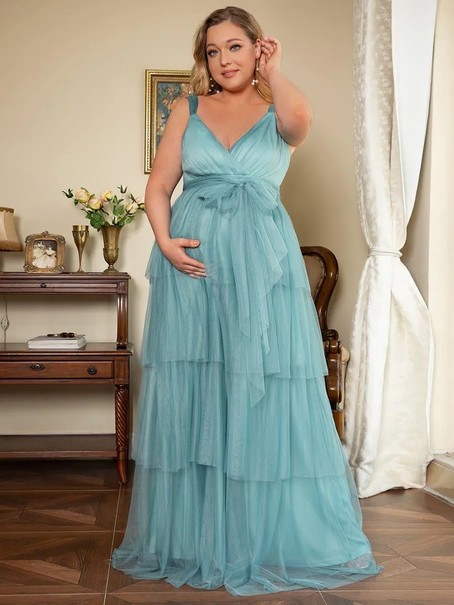 Robe de Grossesse Longue en Tulle Superposé à Côtes Mi-Longues Sans Manches en V Profond de Grande Taille(Vente finale)