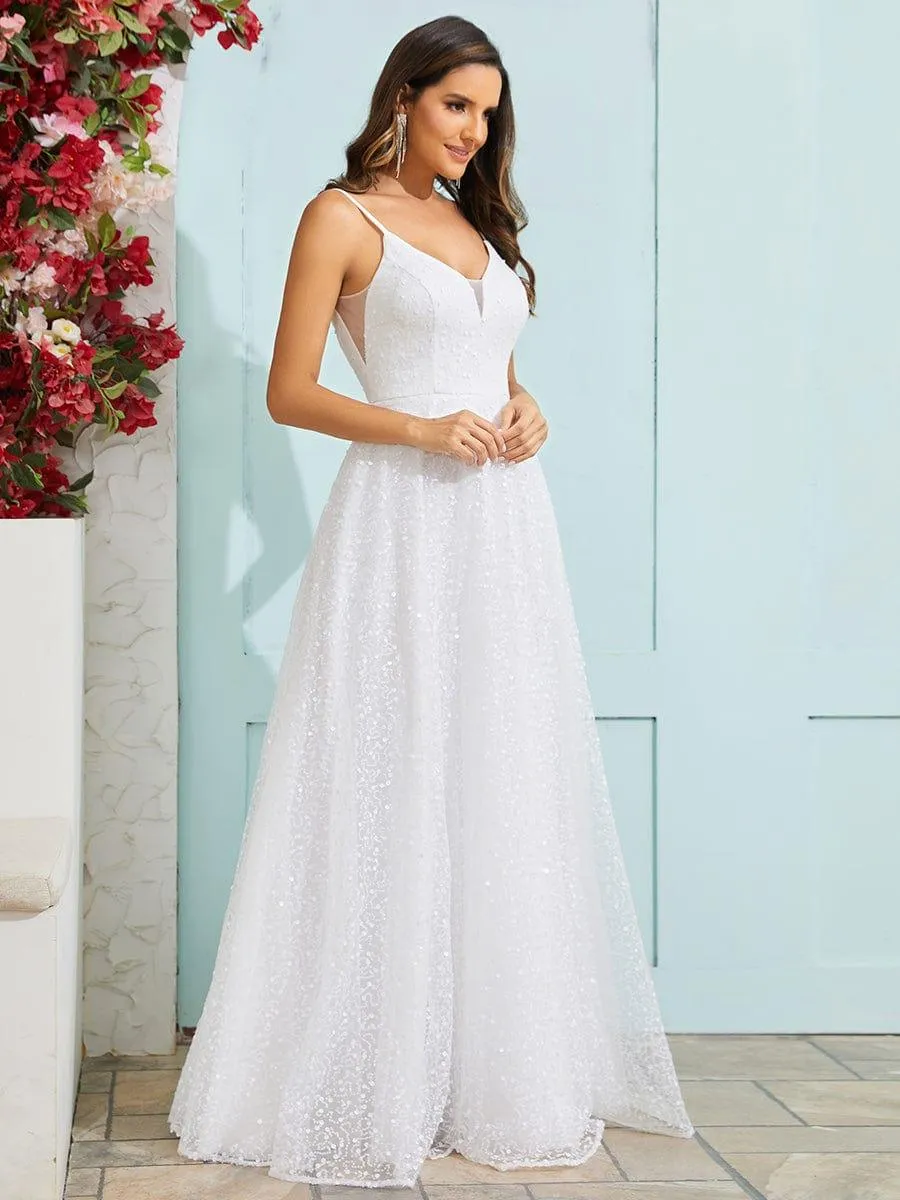 Robe de mariée en tulle à paillettes col en V sans manches dos nu