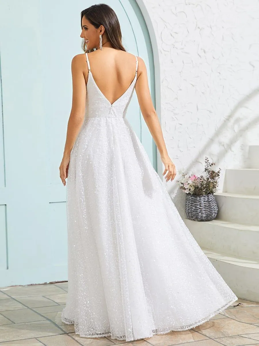 Robe de mariée en tulle à paillettes col en V sans manches dos nu