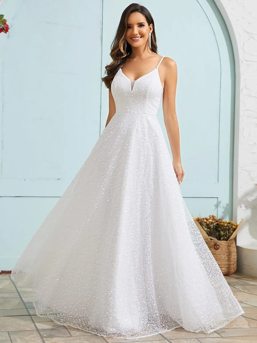 Robe de mariée en tulle à paillettes col en V sans manches dos nu