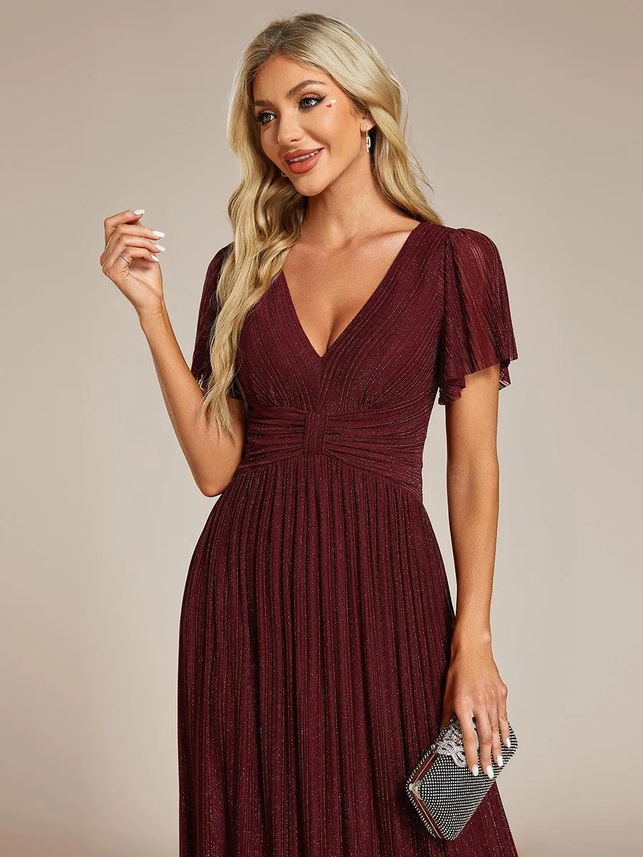 Robe de soirée formelle scintillante à manches courtes et col en V