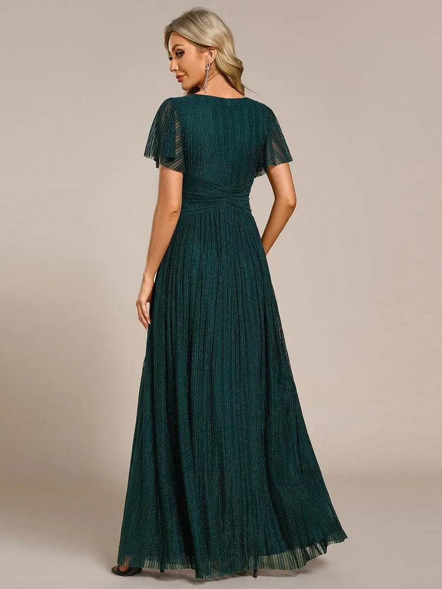 Robe de soirée formelle scintillante à manches courtes et col en V