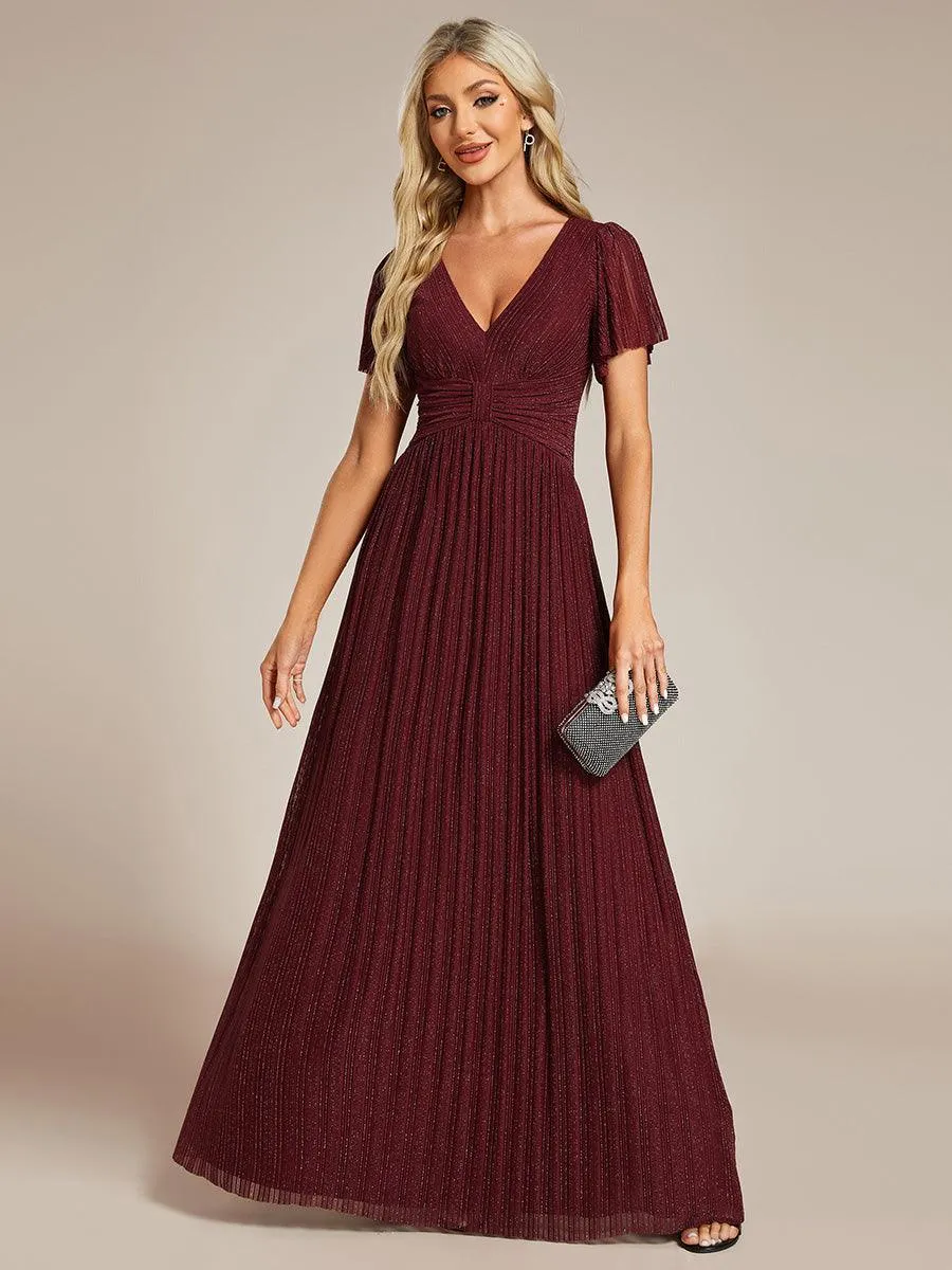 Robe de soirée formelle scintillante à manches courtes et col en V