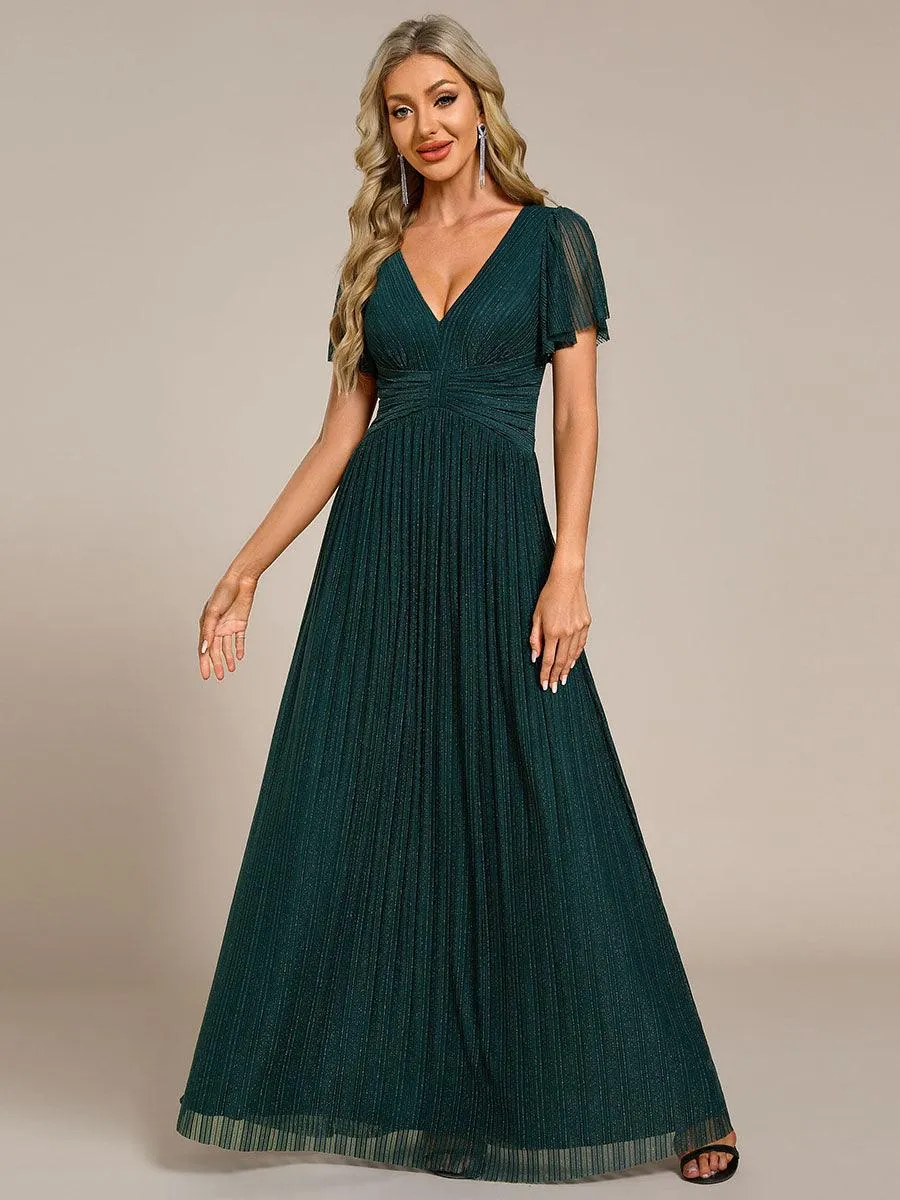 Robe de soirée formelle scintillante à manches courtes et col en V