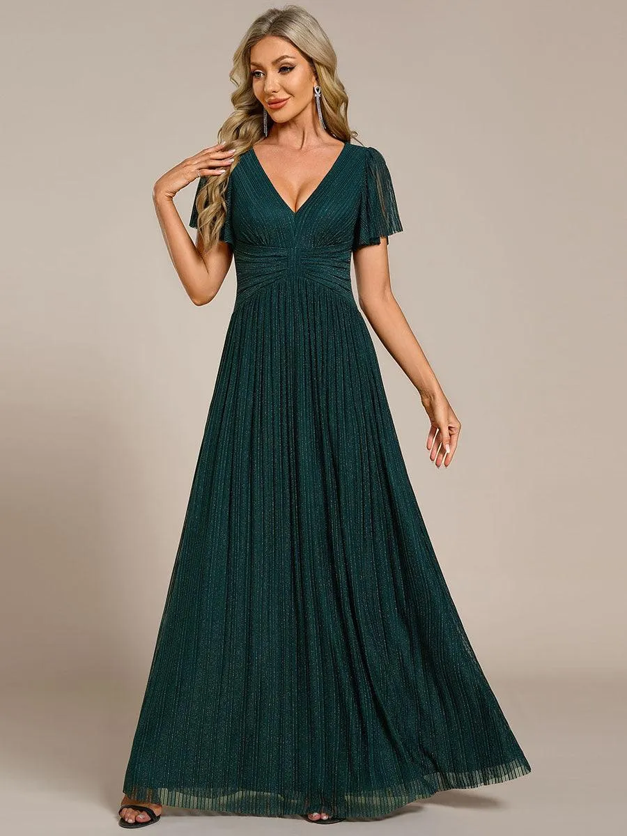 Robe de soirée formelle scintillante à manches courtes et col en V