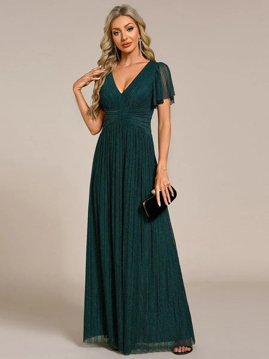 Robe de soirée formelle scintillante à manches courtes et col en V